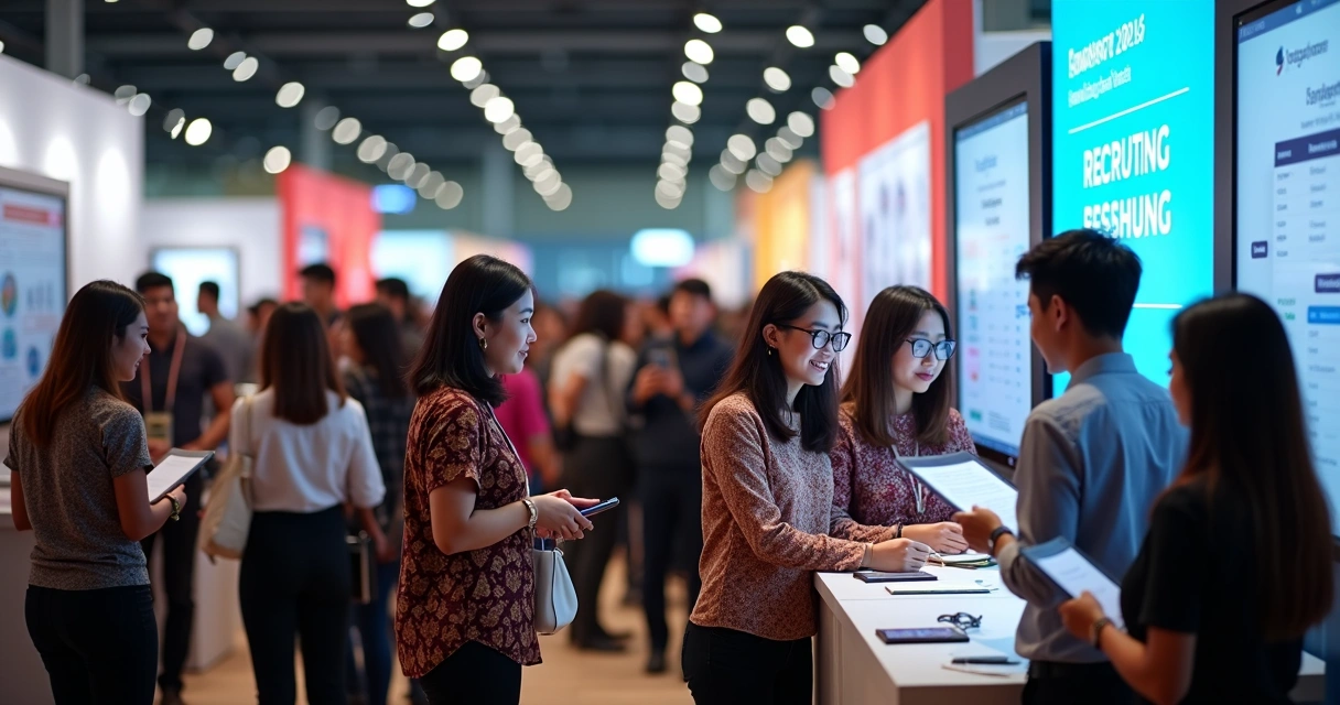 Job fair candidates in Indonesia networking and meeting recruiters 