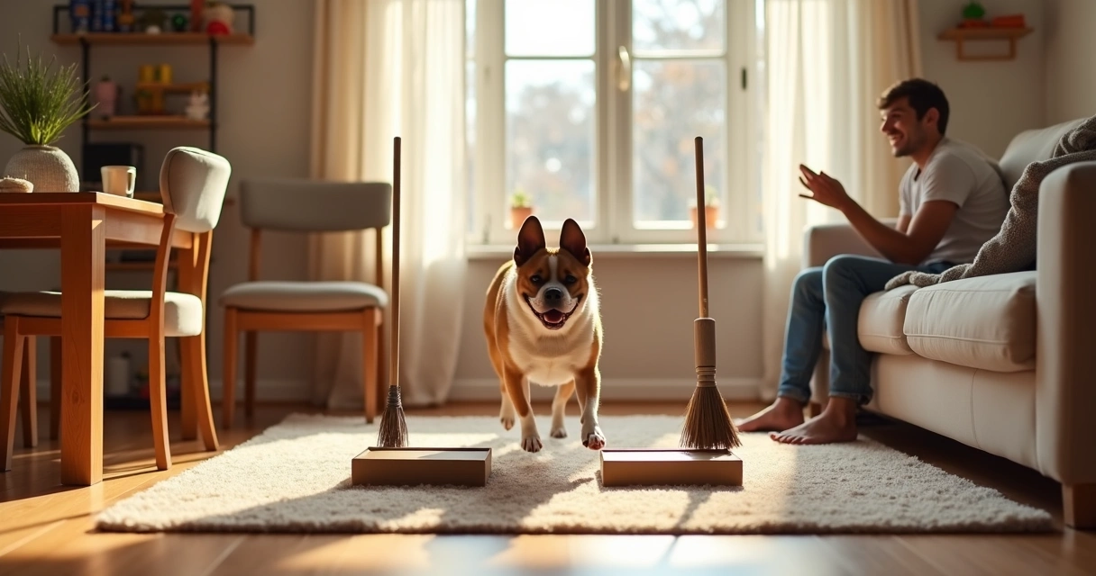 Small dog runs a living room obstacle course