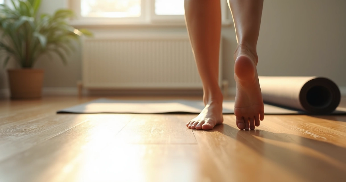 Bare feet walking mindfully on a wooden floor