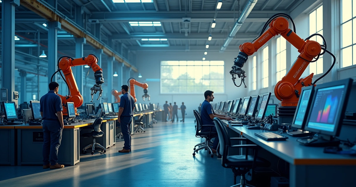 Linha de produção automatizada com robôs industriais conectados 