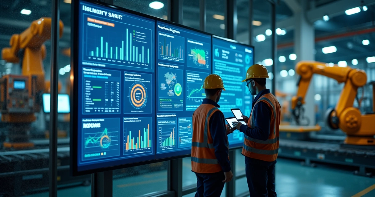 Painel digital com gráficos de manutenção em fábrica automatizada 