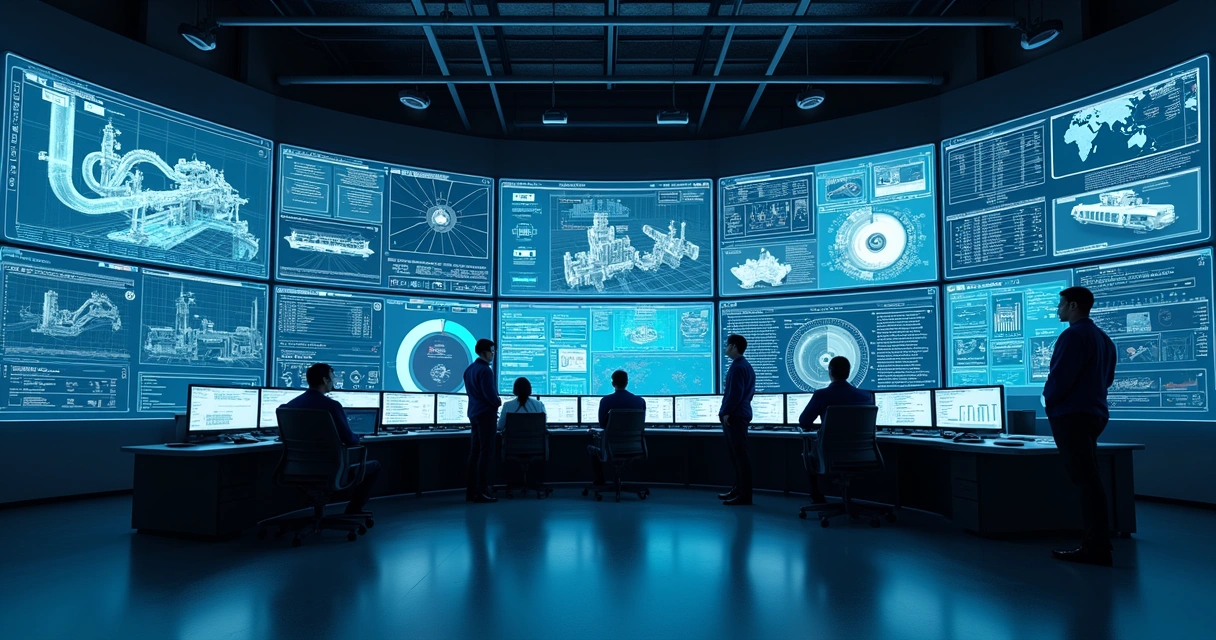 Sala de controle moderna com monitores de manutenção e gráficos