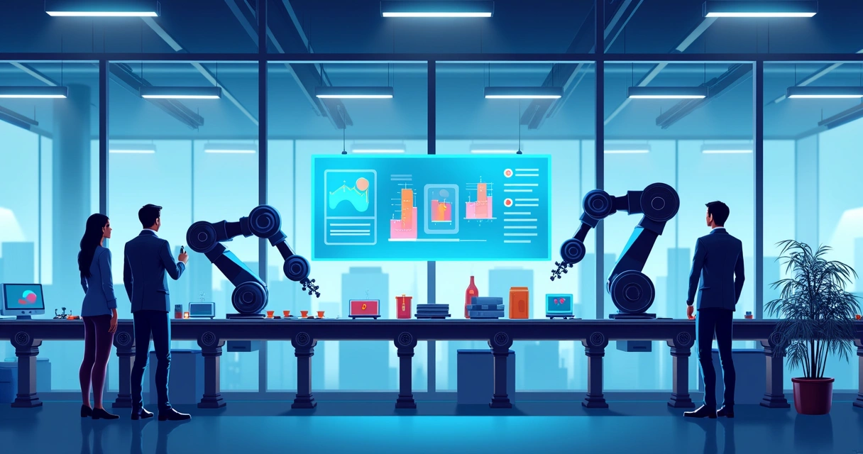 Linha de produção moderna usando robôs e telas digitais para personalizar produtos 