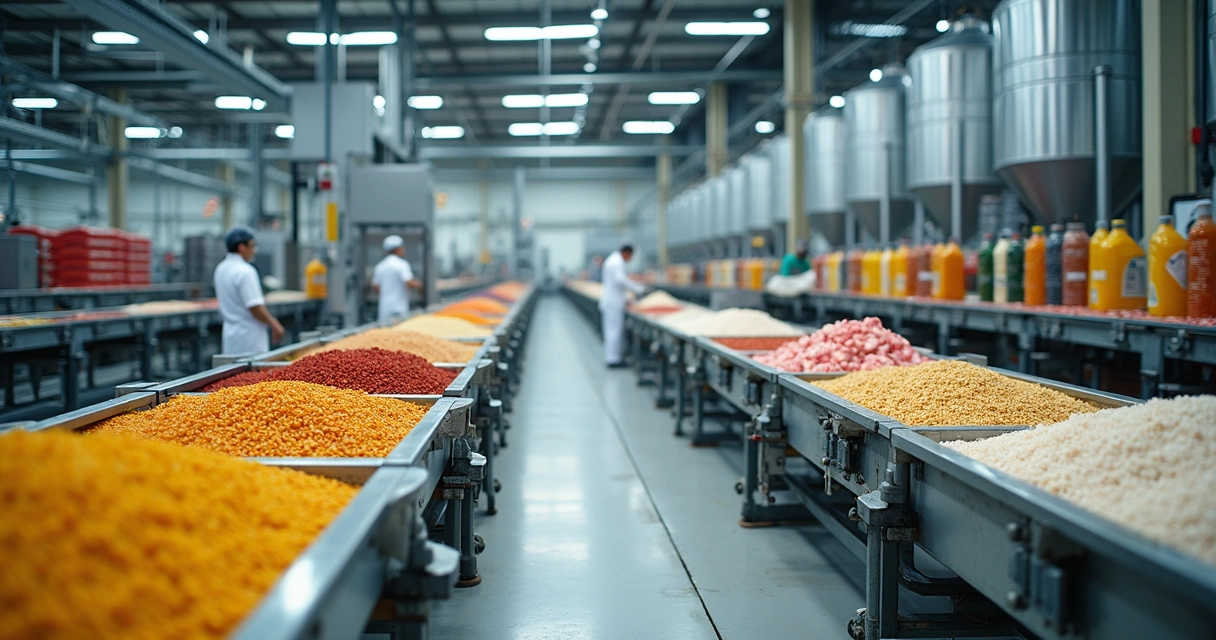 Produção industrial de alimentos com matérias-primas como grãos, óleos, açúcar e carne.