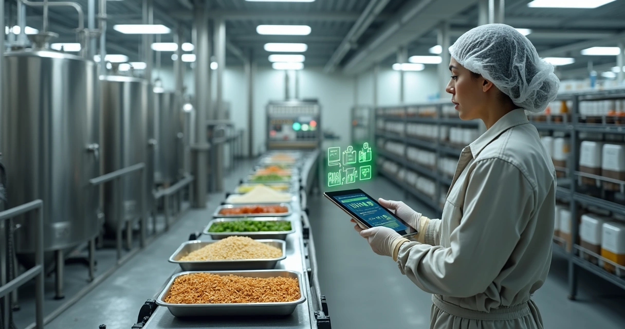 Linha de produção de alimentos com supervisão digital reduzindo desperdício de ingredientes 