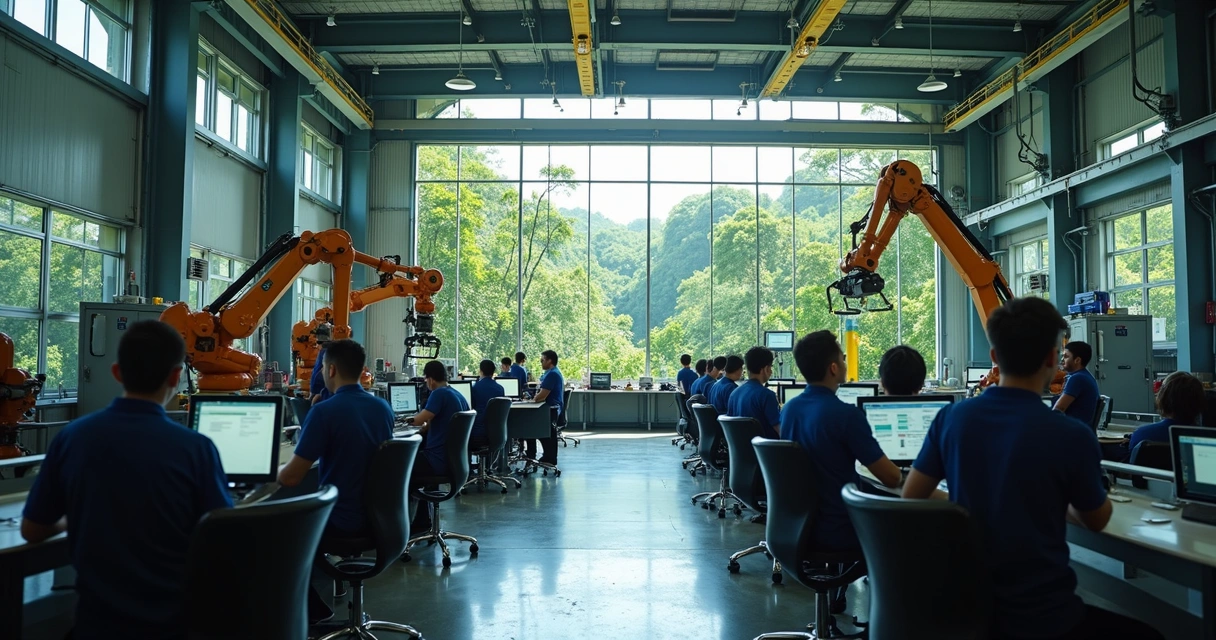 Fábrica moderna em Manaus com máquinas automatizadas e trabalhadores operando tablets 