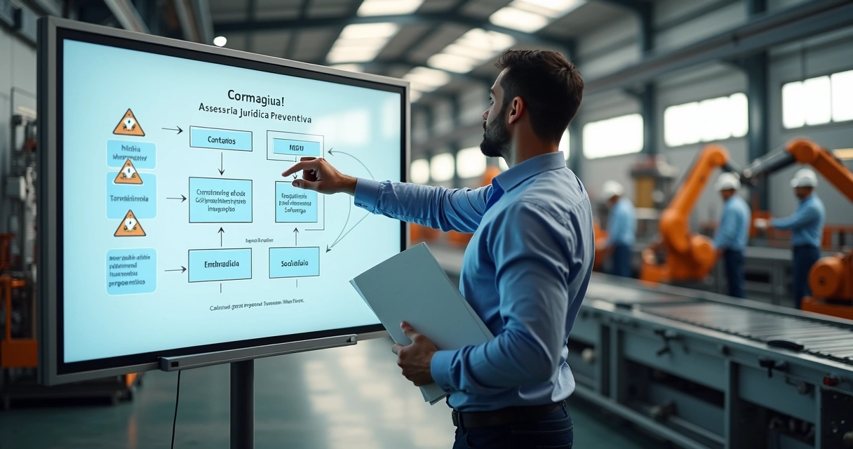 Quadro branco com fluxo de trabalho jurídico ao lado de linha de produção industrial 