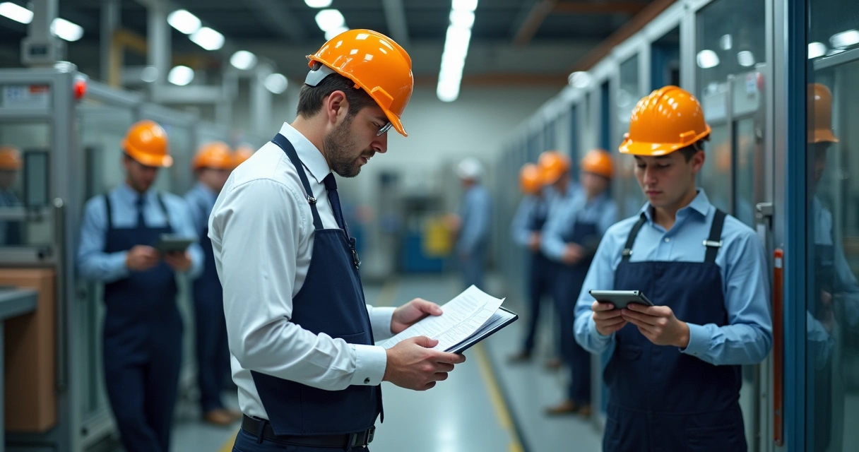 Engenheiro realizando auditoria de segurança em máquinas industriais 