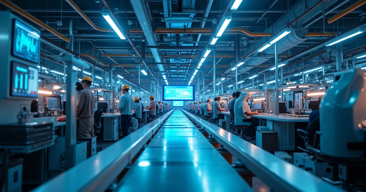Linha de produção industrial com painéis digitais mostrando indicadores 