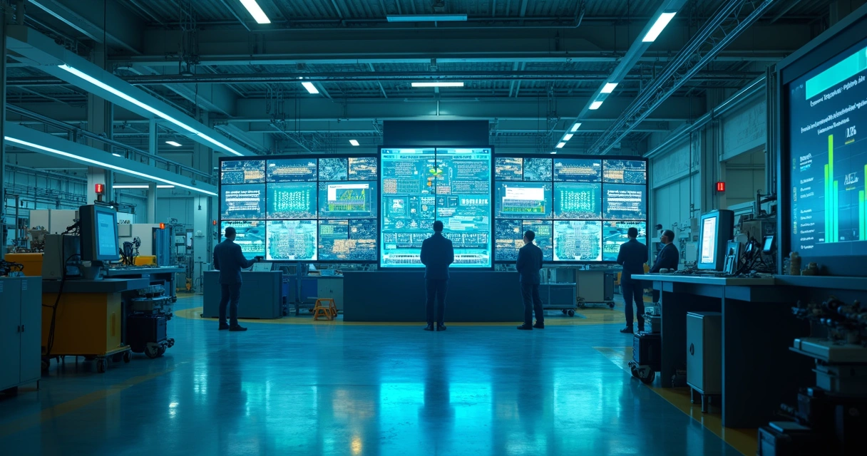 Equipamentos industriais e telas digitais conectadas por gráficos de automação 