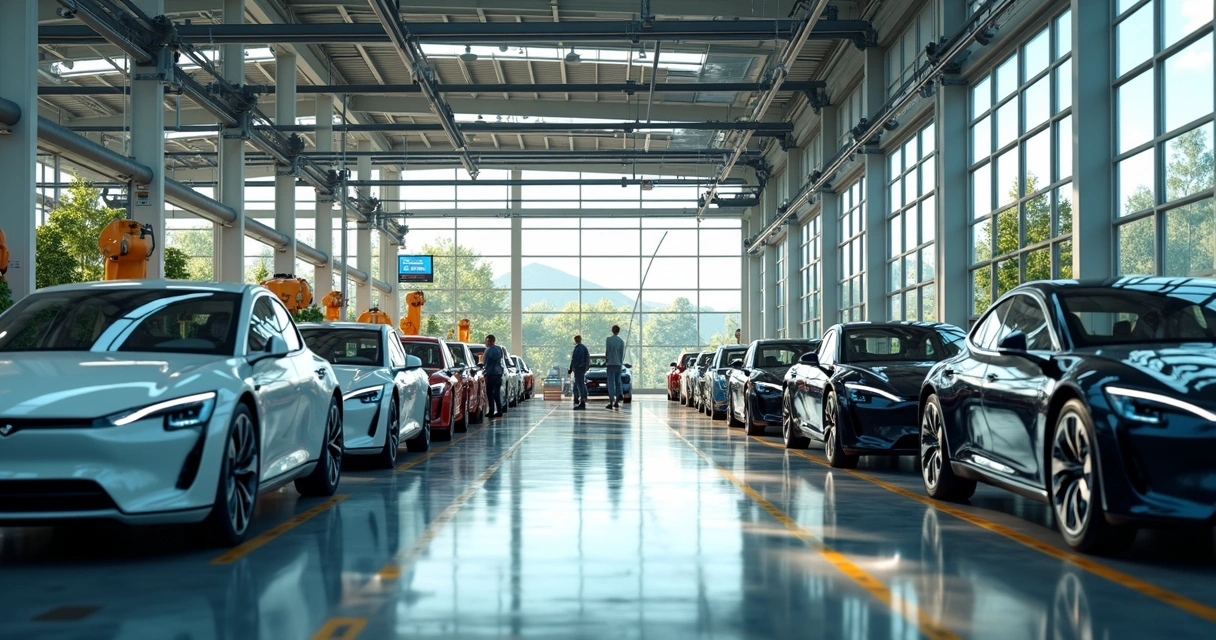 Fábrica moderna de automóveis com linhas de produção avançadas, veículos elétricos em montagem, painéis solares no telhado e trabalhadores em ações sustentáveis 