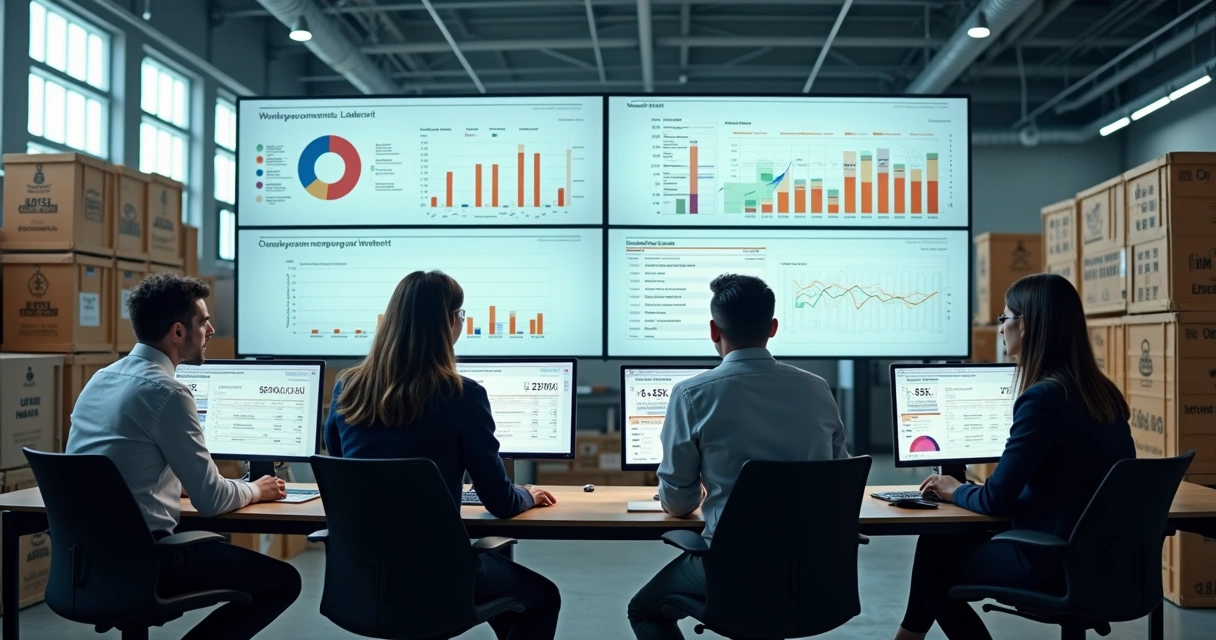 Equipe de cobrança analisando dados em telas de computador sobre fluxo de caixa e pagamentos em uma empresa de bebidas 