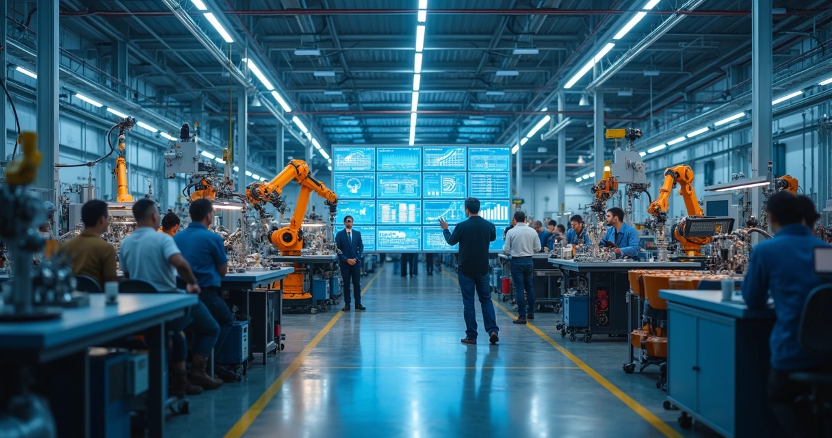 Linha de produção industrial com robôs e telas digitais integradas