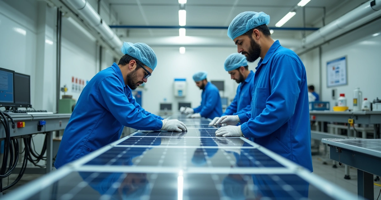 Montagem de painéis solares em fábrica brasileira 
