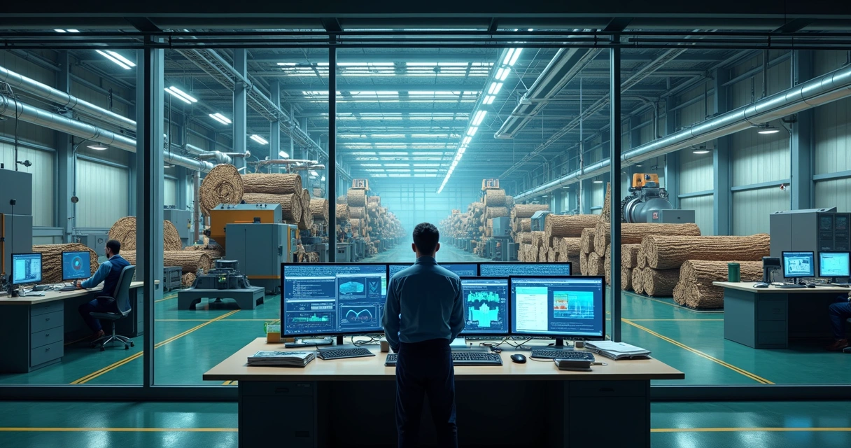 Operador monitora painel de controle digital em indústria de celulose 