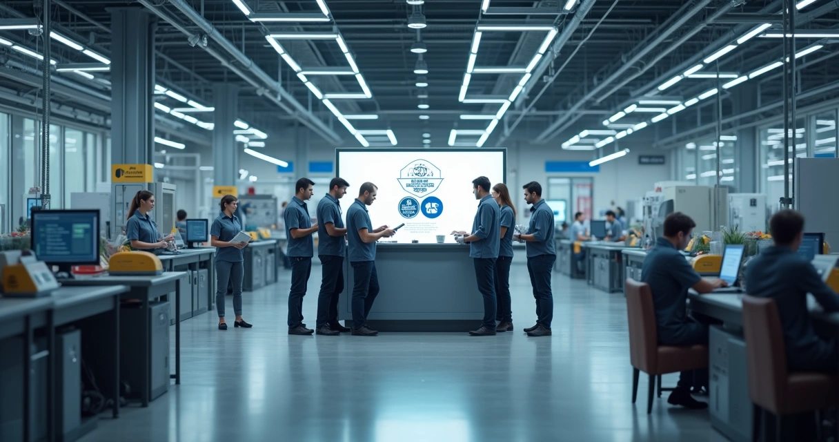 Indústria moderna com símbolo de certificação ISO 9001 visível 