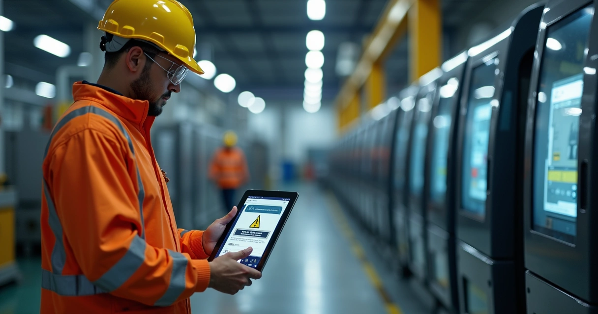 Engenheiro industrial validando microcertificação em tablet 