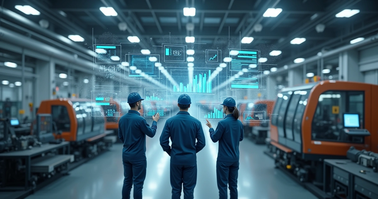 Visão de operações industriais com gráficos de KPI em tela 