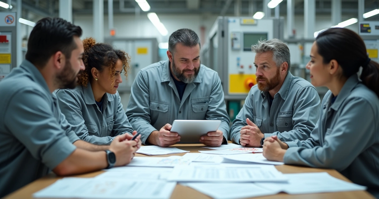 Equipe de fábrica de alimentos reunida elaborando plano de contingência 
