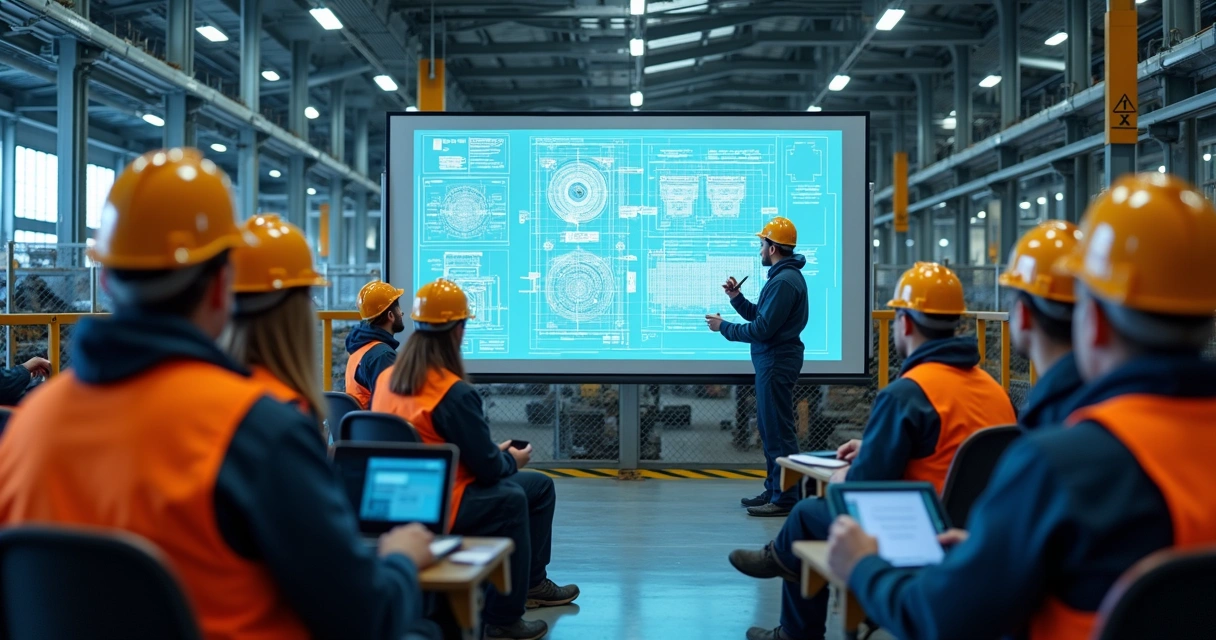 Trabalhadores participando de treinamento de segurança em ambiente industrial