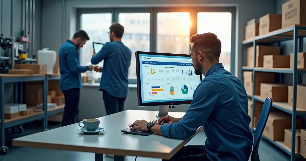 Gestor em fábrica pequena usando computador na mesa de produção 