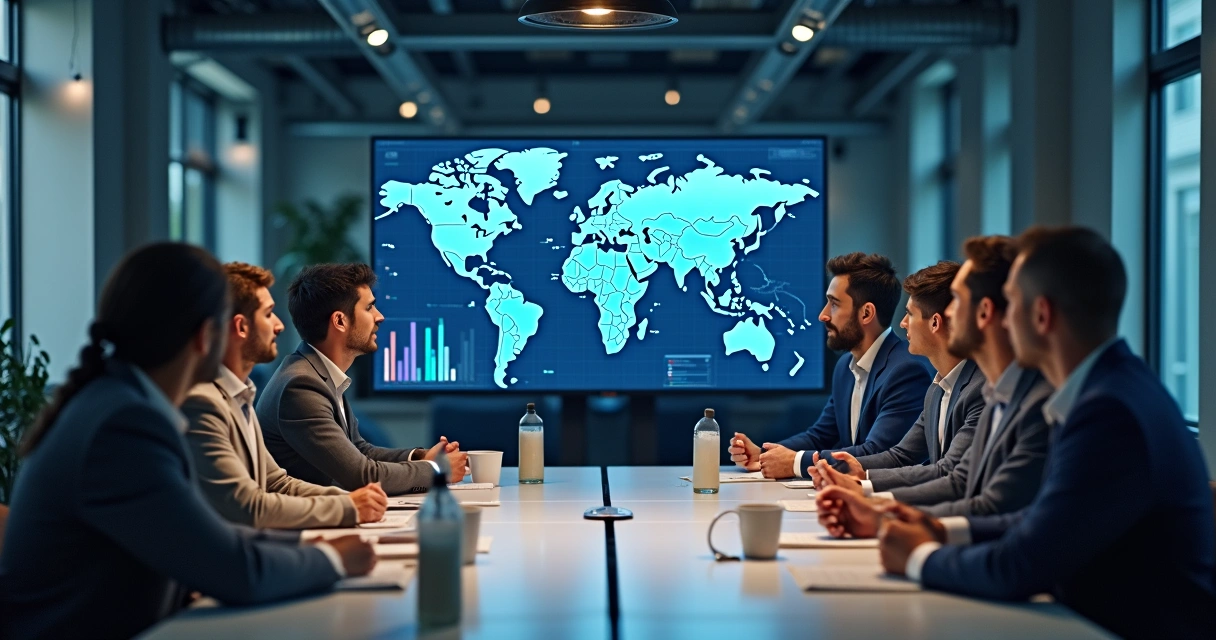 Equipe de indústria analisa gráficos digitais em uma sala de reuniões 