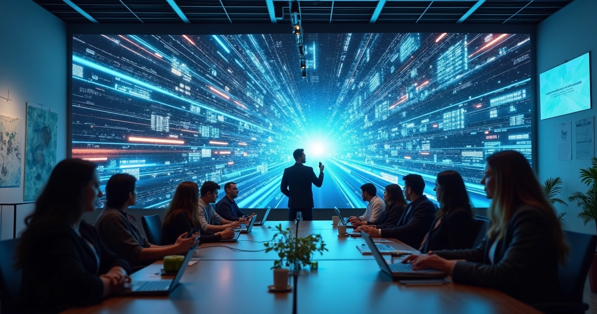 Equipes de diferentes áreas reunidas em sala de projetos industriais, analisando dados de sensores em telas integradas 