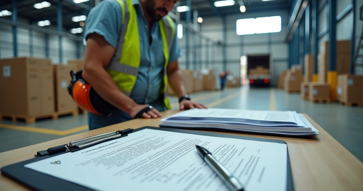 Gestor industrial analisando contrato de distribuição exclusiva em chão de fábrica 