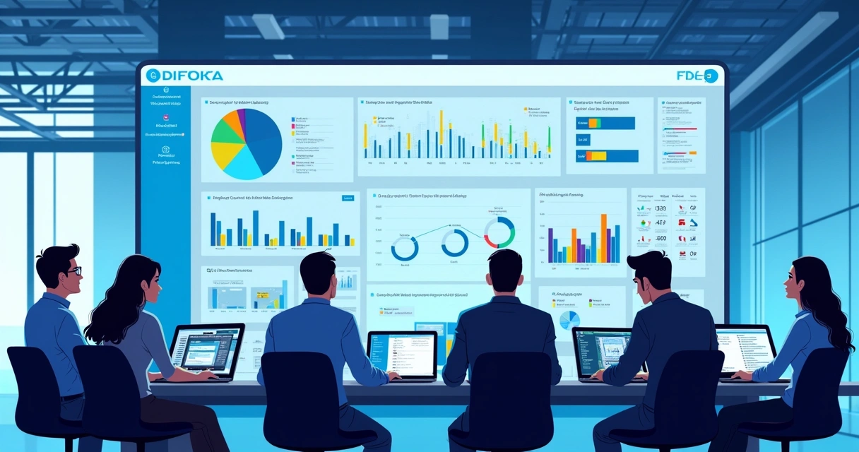 Equipe analisa dashboard de dados industriais em painel digital