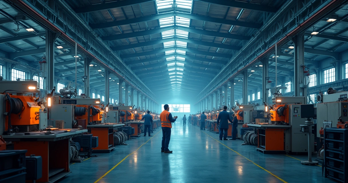 Linha de produção industrial com gráficos de crescimento digital ao fundo 