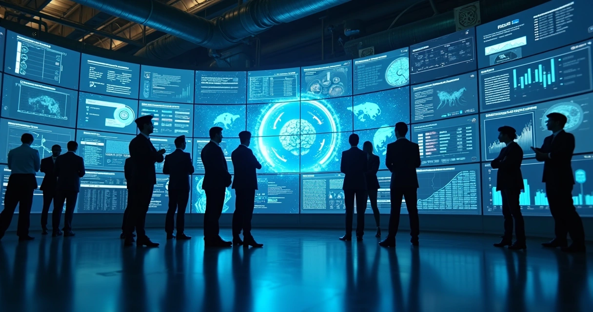 Equipe analisando dados digitais em telas na indústria 