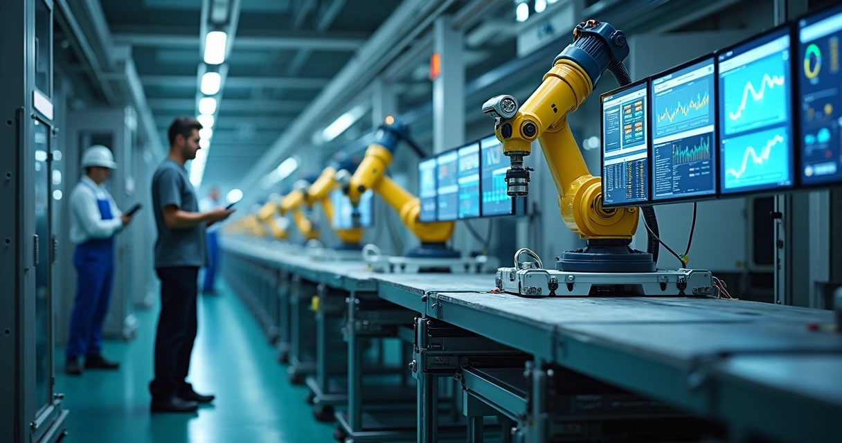Linha de produção automatizada com telas exibindo dados em tempo real e robôs trabalhando ao lado de pessoas 