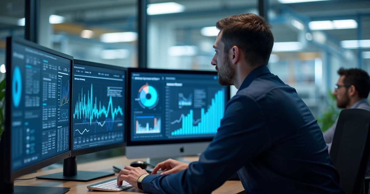 Gerente de marketing industrial analisa gráficos digitais e painel de leads num escritório moderno