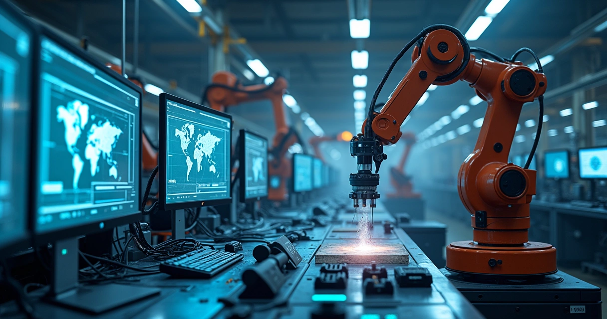 Máquinas industriais conectadas por sensores exibindo dados digitais em tempo real 