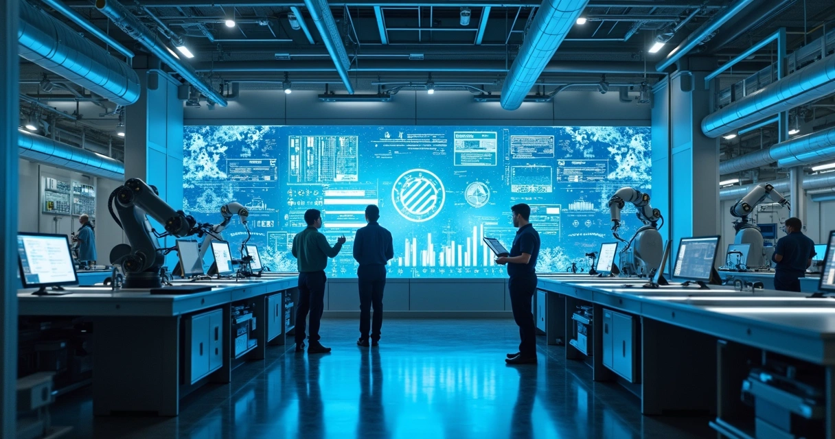 Fábrica moderna com painéis digitais e equipe analisando dados 