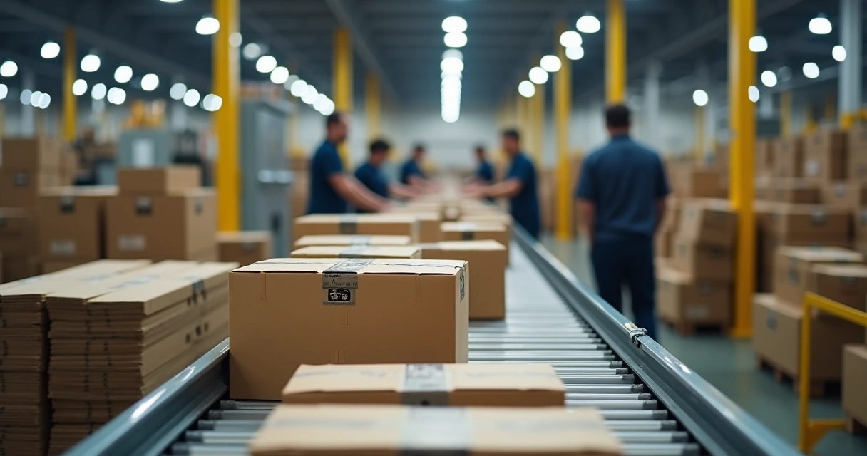 Linha de produção industrial com caixas de papelão em esteira transportadora