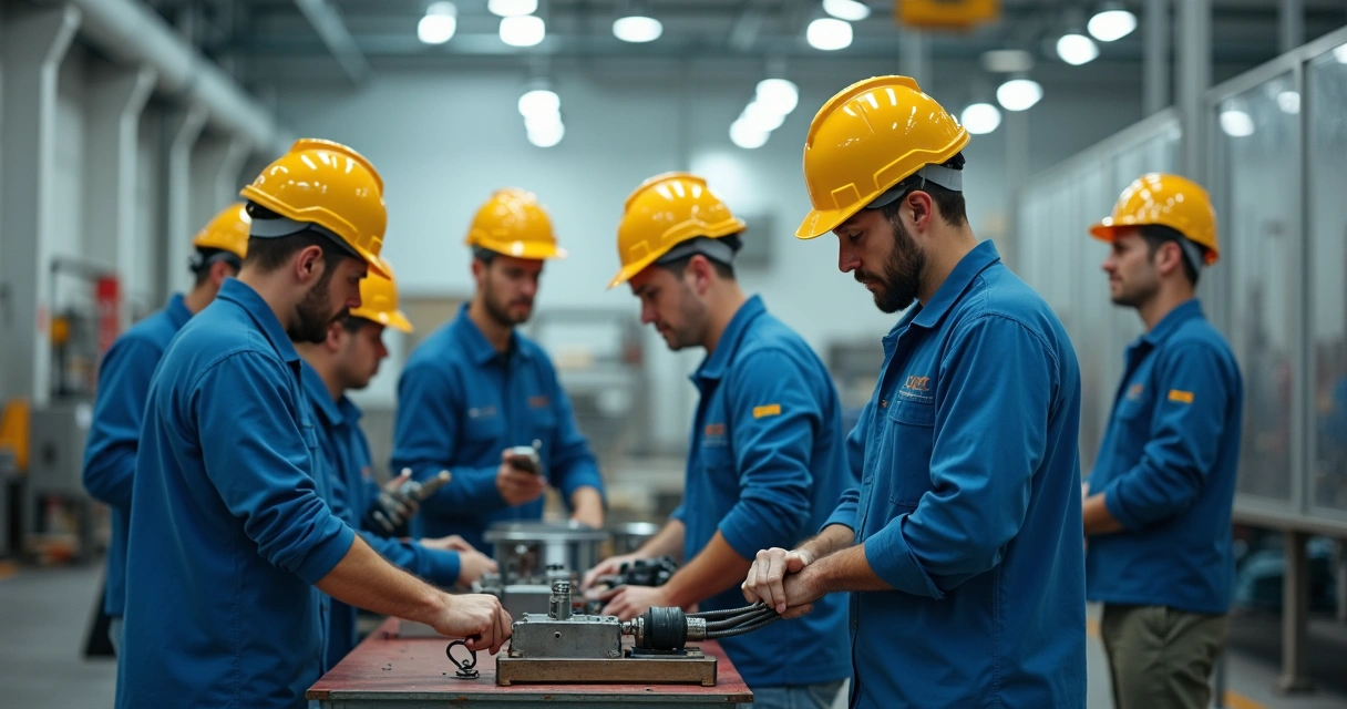 Funcionários de empresa industrial trabalhando com equipamentos, ambiente limpo e seguro 