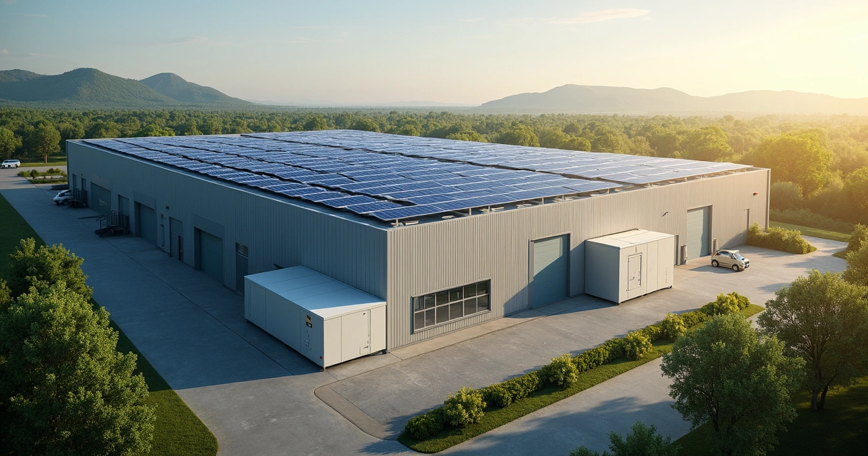 Indústria com painéis solares e sistema de baterias 