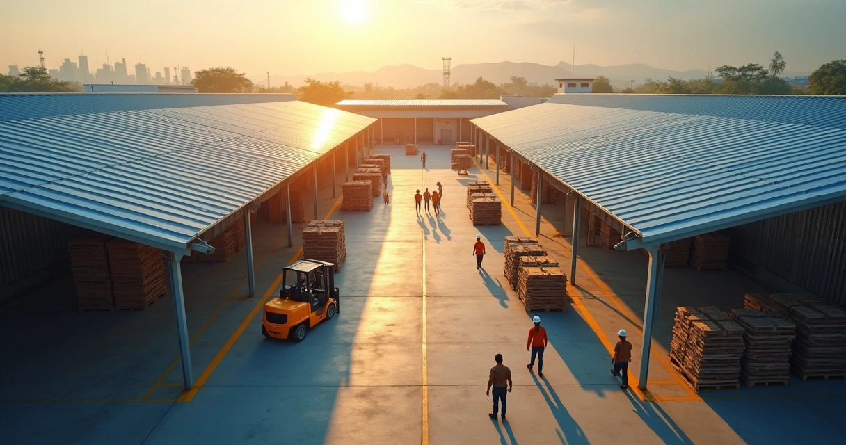 Pátio interno de indústria com painéis solares no telhado vistos ao fundo 