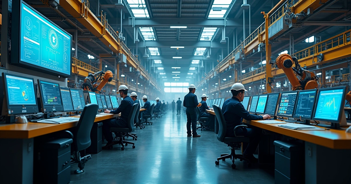 Equipamentos industriais com sensores digitais e painéis de controle conectados 