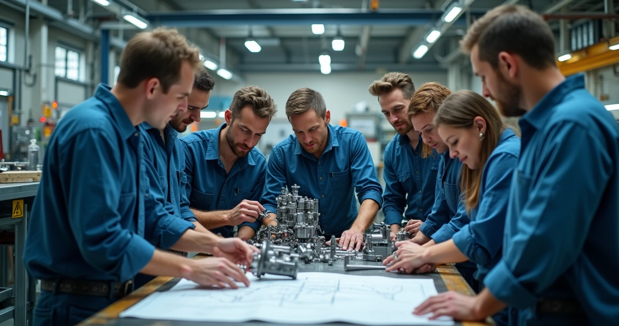 Equipe industrial desenvolvendo protótipo juntos 