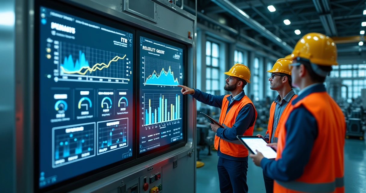 Equipe de manutenção industrial analisando painel digital com indicadores de MTTR 