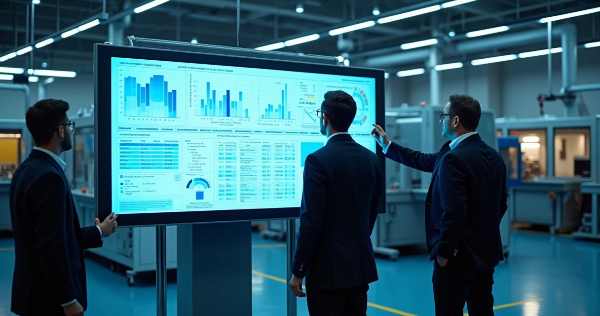 Equipe de manutenção trabalhando com painel de IA em fábrica 