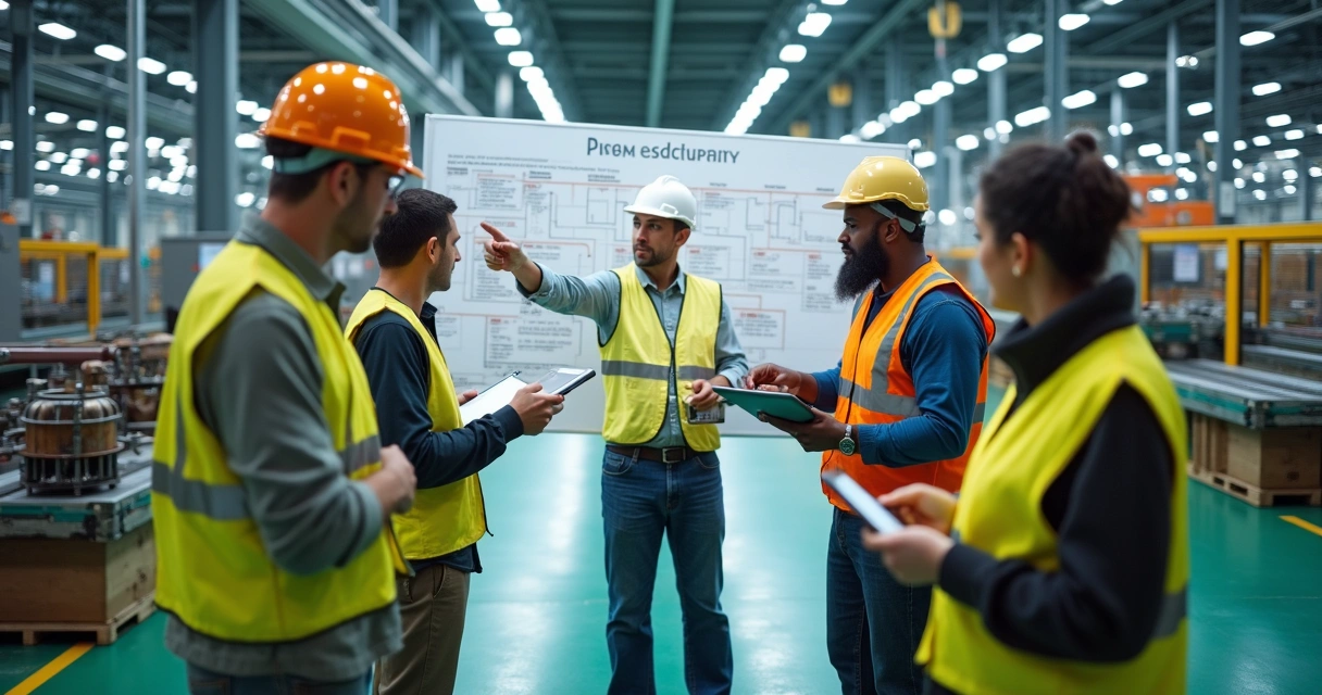 Equipe industrial analisando processos produtivos em chão de fábrica 