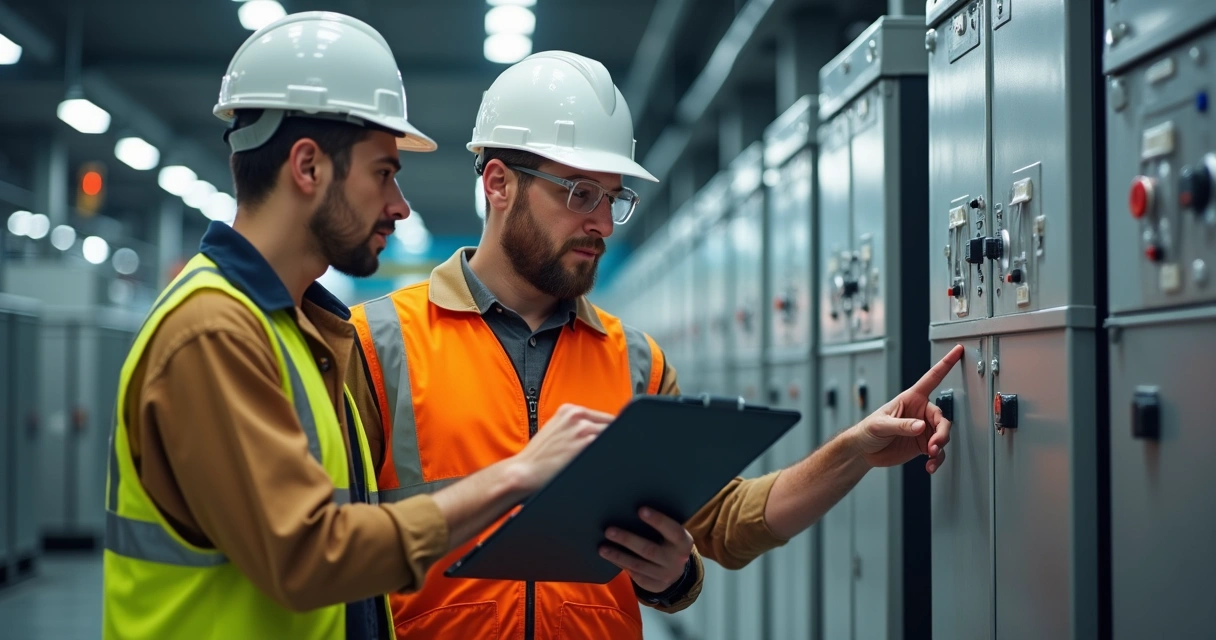 Equipe em campo industrial usando EPI realizando checagem de painel elétrico 