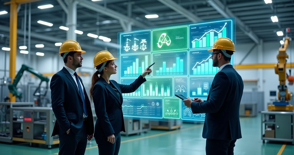 Executivos em fábrica moderna analisando painel digital de indicadores ESG e compliance 