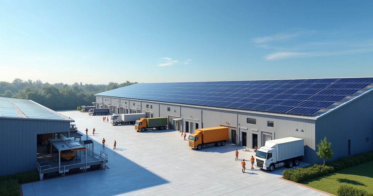 Indústria com módulos solares instalados no teto 