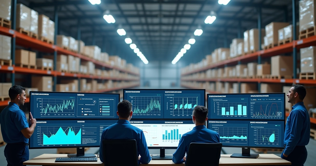 Vista interna de uma fábrica moderna com telas de computadores mostrando dashboards de gestão empresarial, funcionários monitorando sistemas digitais, ambiente claro e tecnológico 