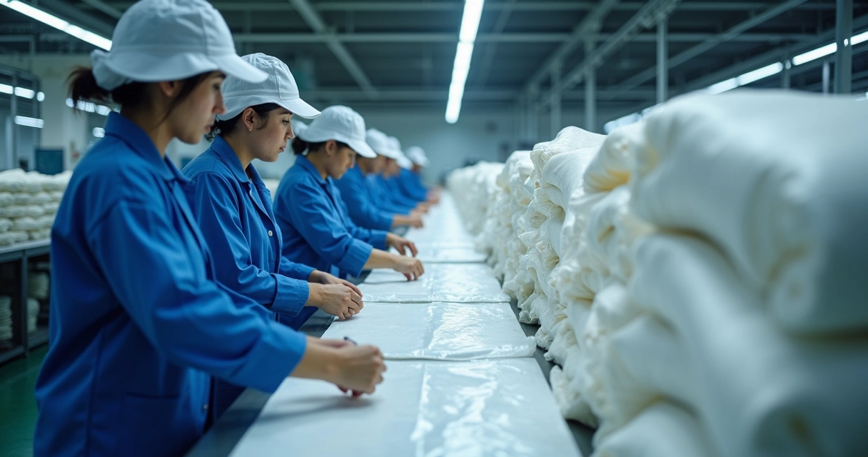 Linha de produção de big bags em uma fábrica, com operários uniformizados e máquinas industriais. 