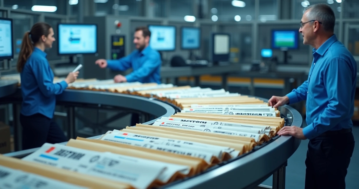 Esteira de produção automatizada com documentos e dados de clientes sendo transferidos de uma estação para outra 